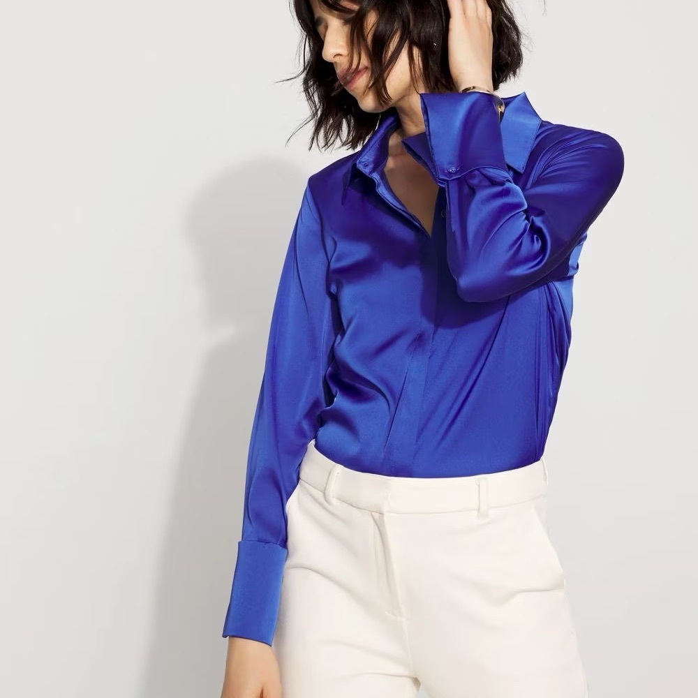 White House Black Market Royal Blue Blouse Satin Tuxedo Cuff Shirt